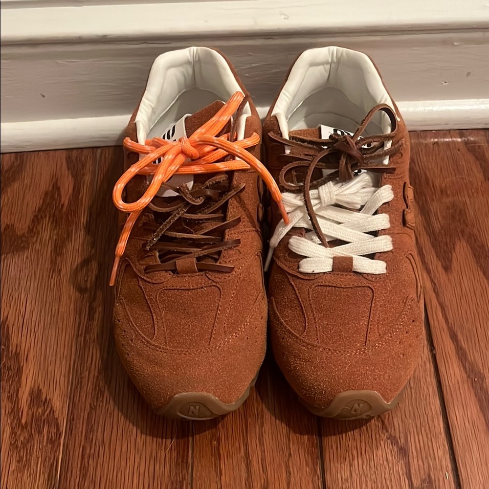 New Balance Athletic Shoes in Brown with Orange and White Laces